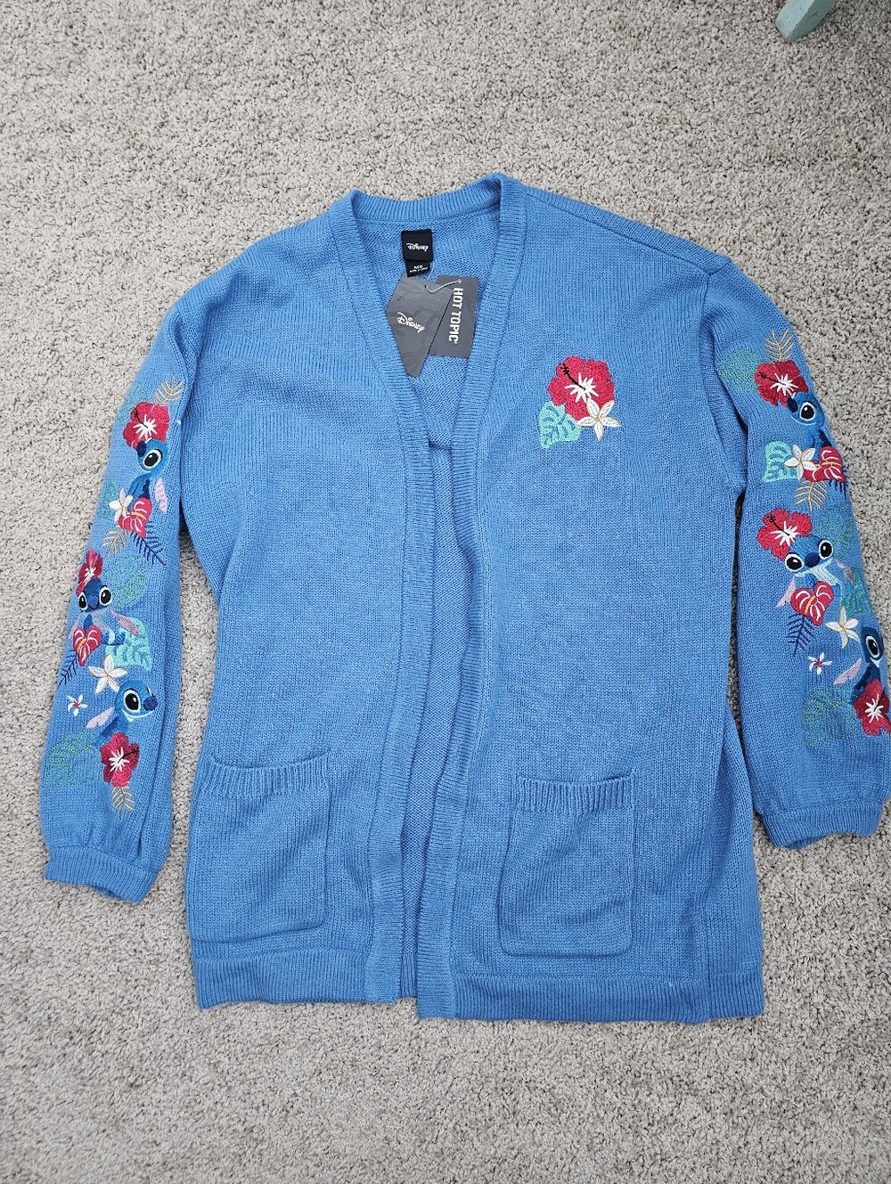 Disney Hot Topic Lilo & Stitch Embroidered Blue Cardigan, Size M, NWT